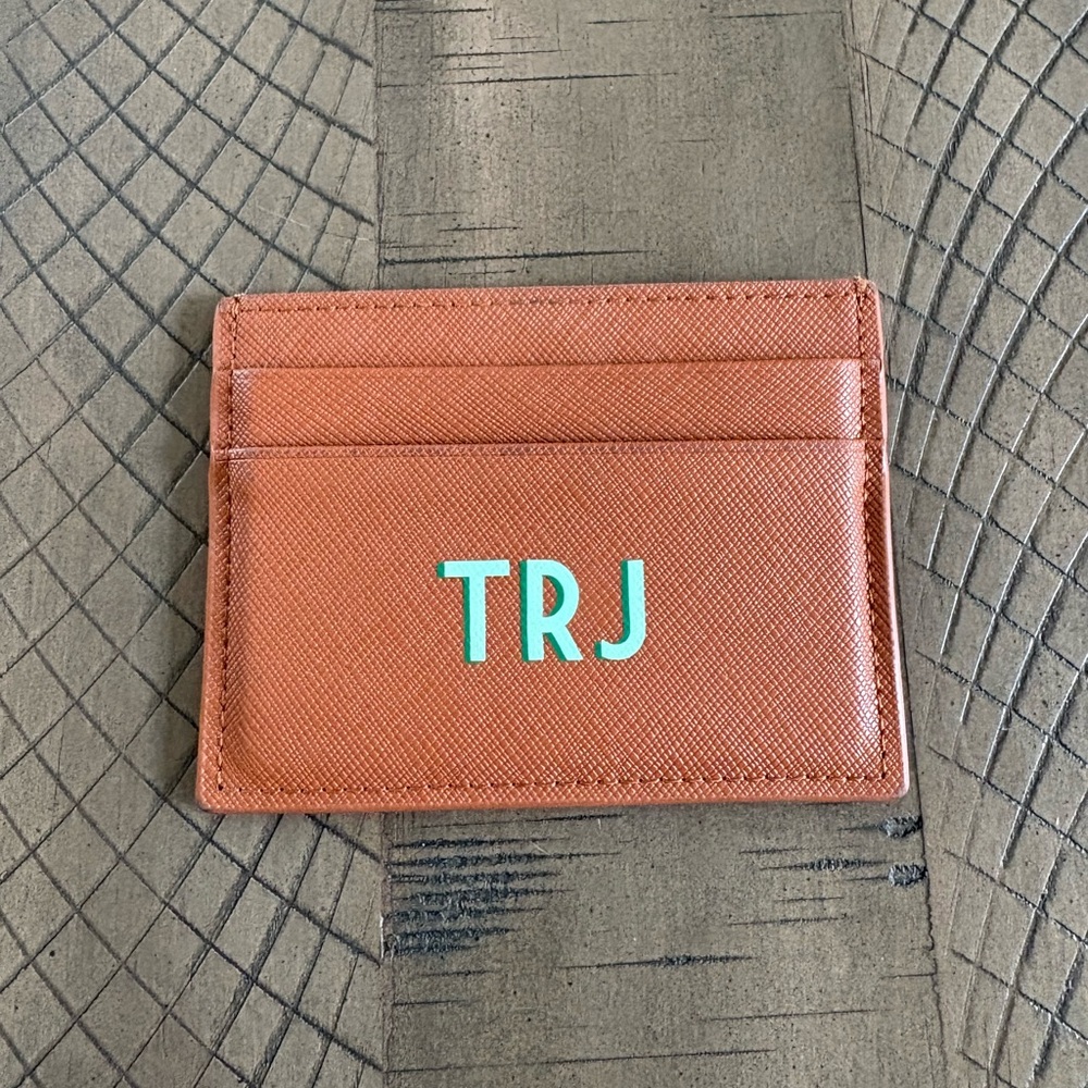MONOGRAMMED LEATHER CARD HOLDER | TRJ | GREEN & MINT | TAN SAFFIANO FINISH